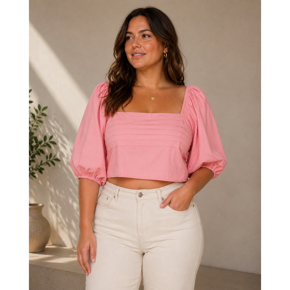Abercrombie Fitch Cottagecore‎ Puff Sleeve Crop Top Pink L Feminine Coquette